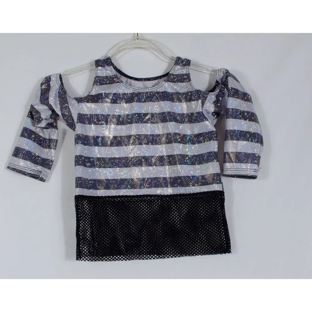 Leo's‎ Dance Wear Girl's Striped Top Cold Shoulder Glitter Mesh Sparkle